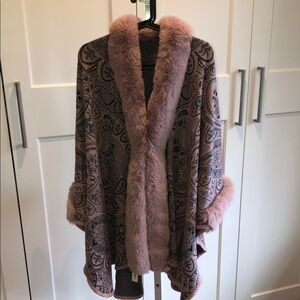Pink and Gray Patterned Poncho with fur accents